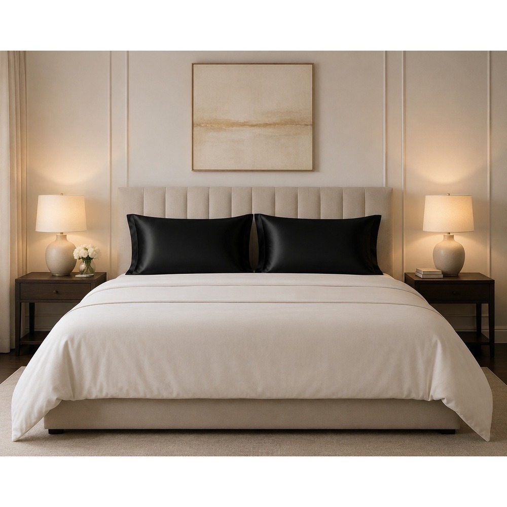 100% Mulberry Silk Pillowcases King 22 Momme Black Hidden Zipper Set of 2 New